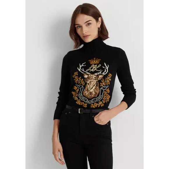 Ralph Lauren Black Label Womens Intarsia Elk Deer Sweater Sz. Small Black AN EXC - Picture 1 of 10